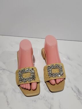Steve Madden Crystal-Embellished Woven Straw Slide Sandals in Natural
